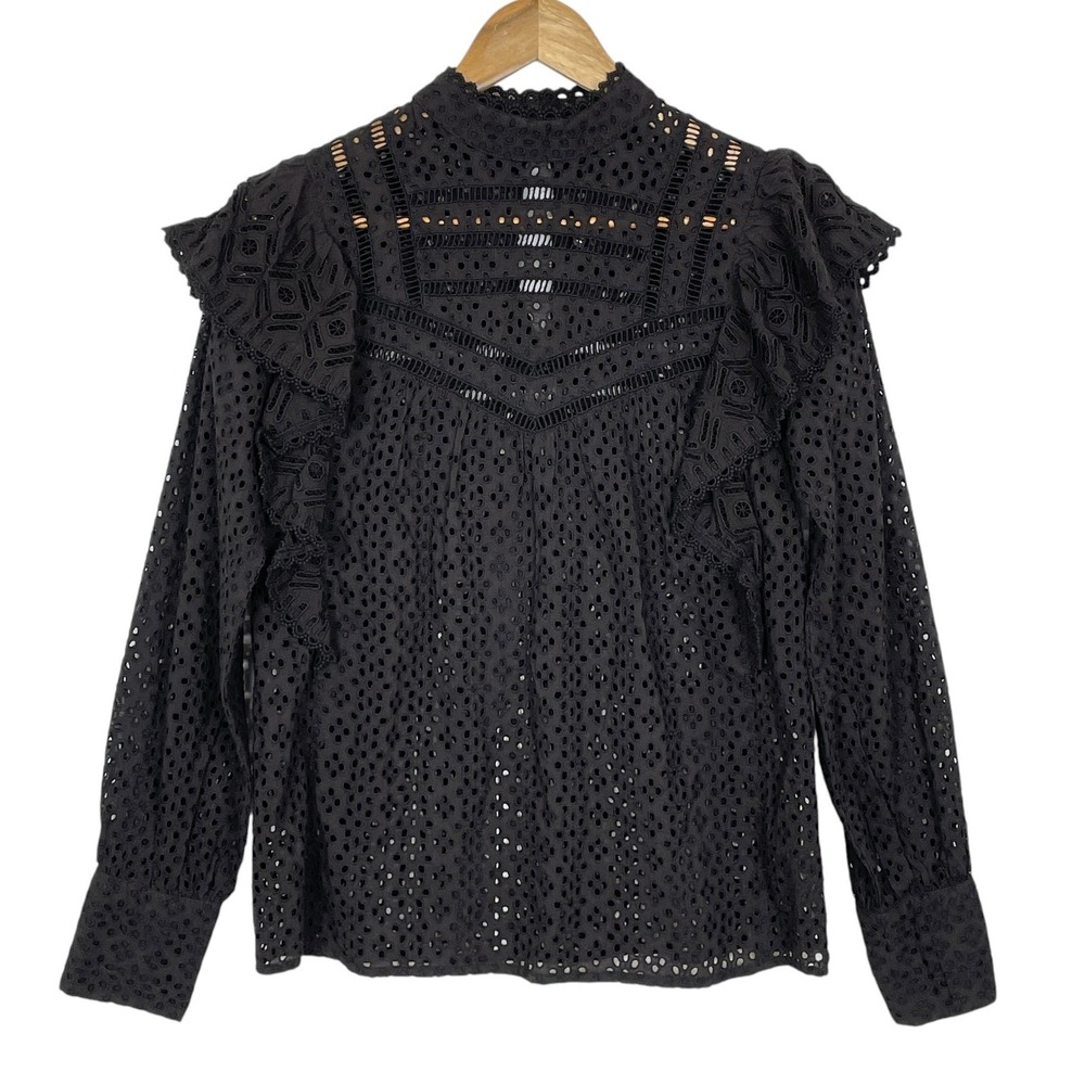 Karen Millen Black Eyelet Ruffle Trim Top Blouse Womens 4 Victorian Whimsigoth